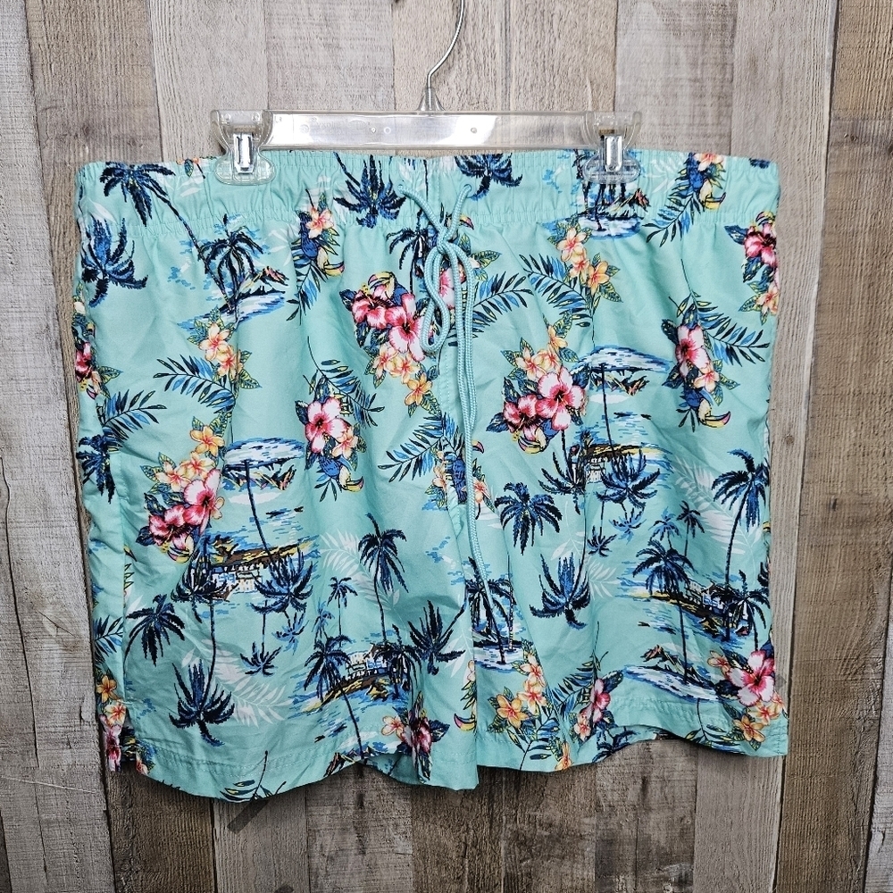 George Brand Board Shorts Swim Trunks Blue Tropical Hawaiian Print Flowers XL